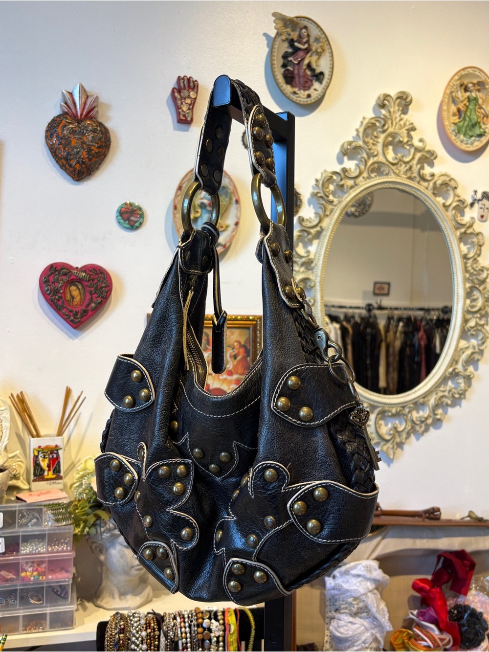 Vintage Isabella Fiore Oasis Black Leather Floral Studded Hobo Bag Y2K